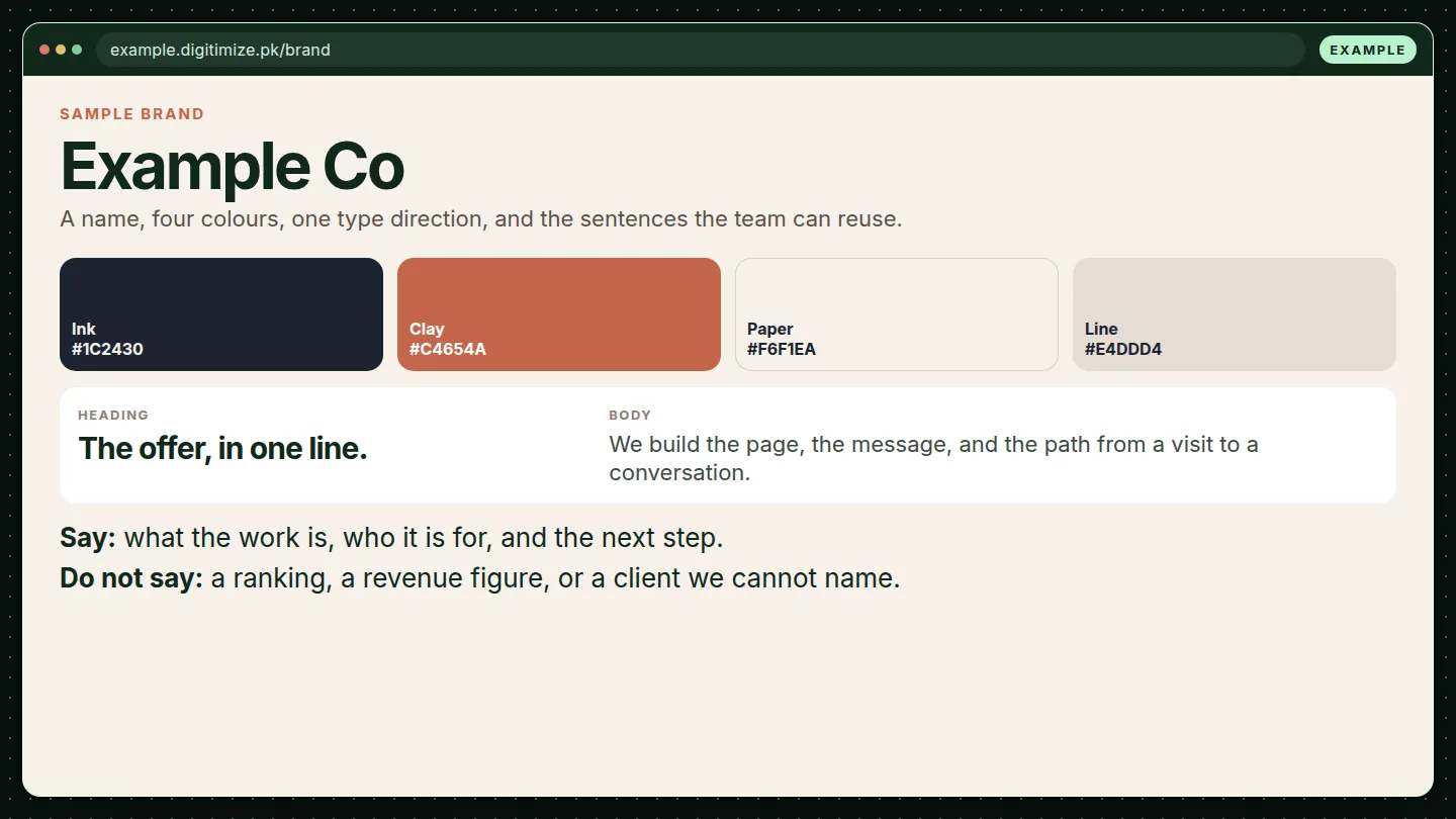 Example brand board for Example Co: name, colours, type, and voice. Not a client brand.