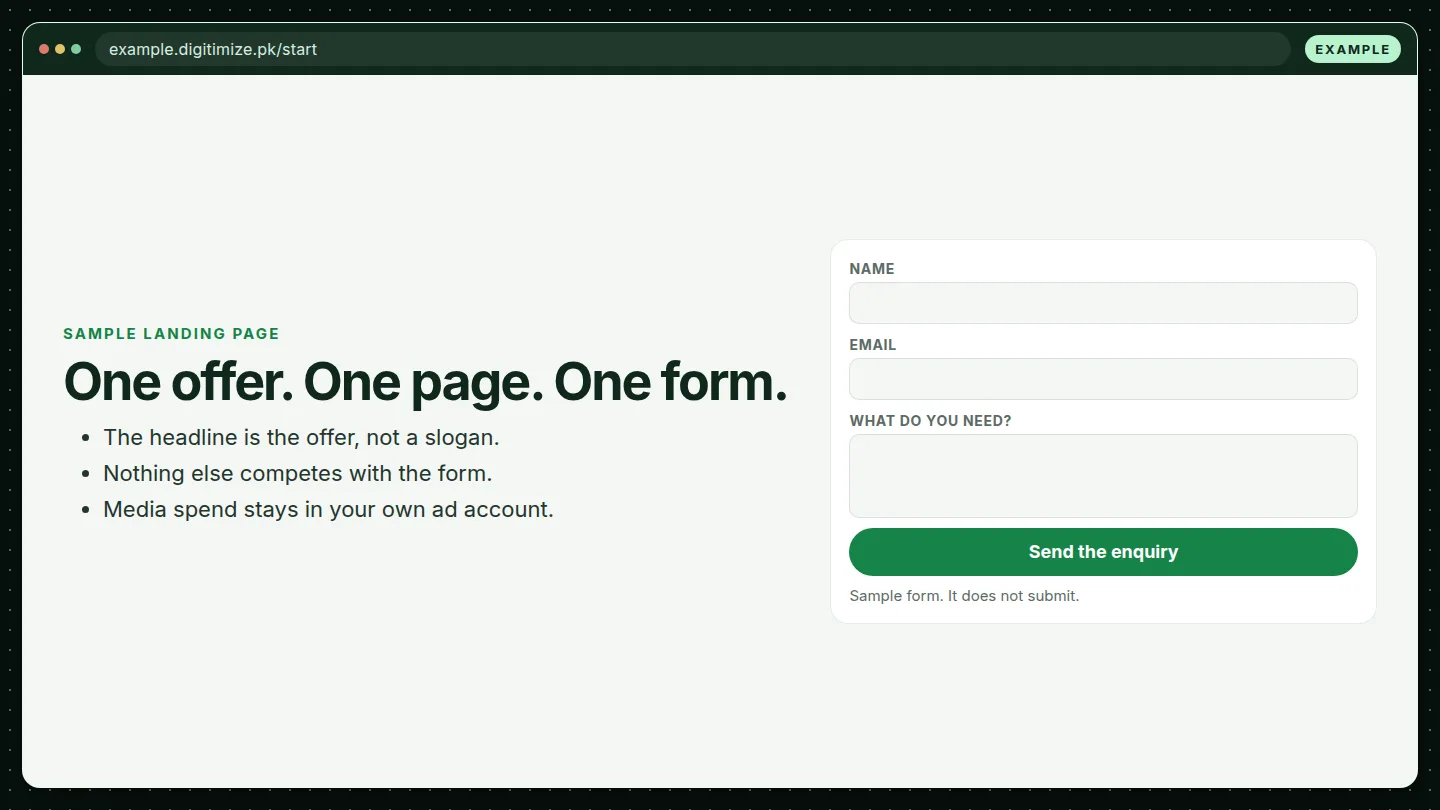 Example landing page with one offer and one form. Not a live campaign.
