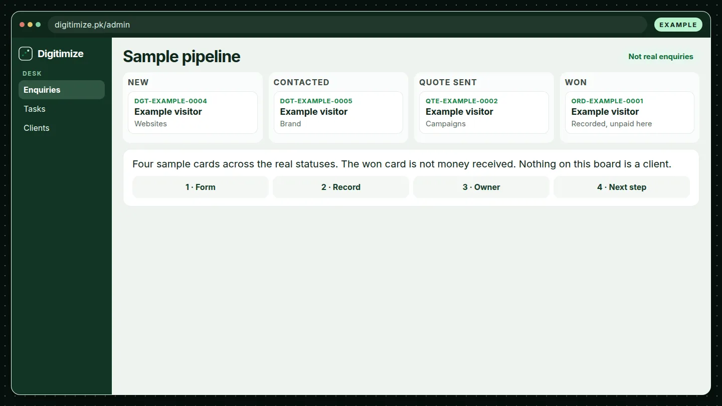 Sample desk pipeline. These are not real enquiries, and the won card is not a payment.