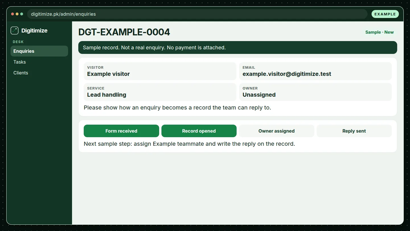 Sample record DGT-EXAMPLE-0004 opened on the desk. Not a real enquiry.