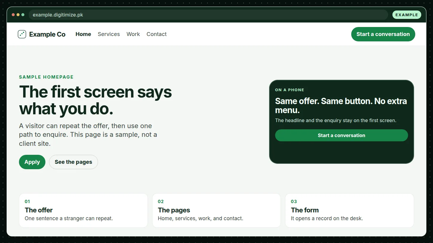 Example homepage. A sample of the websites work, not a client site.