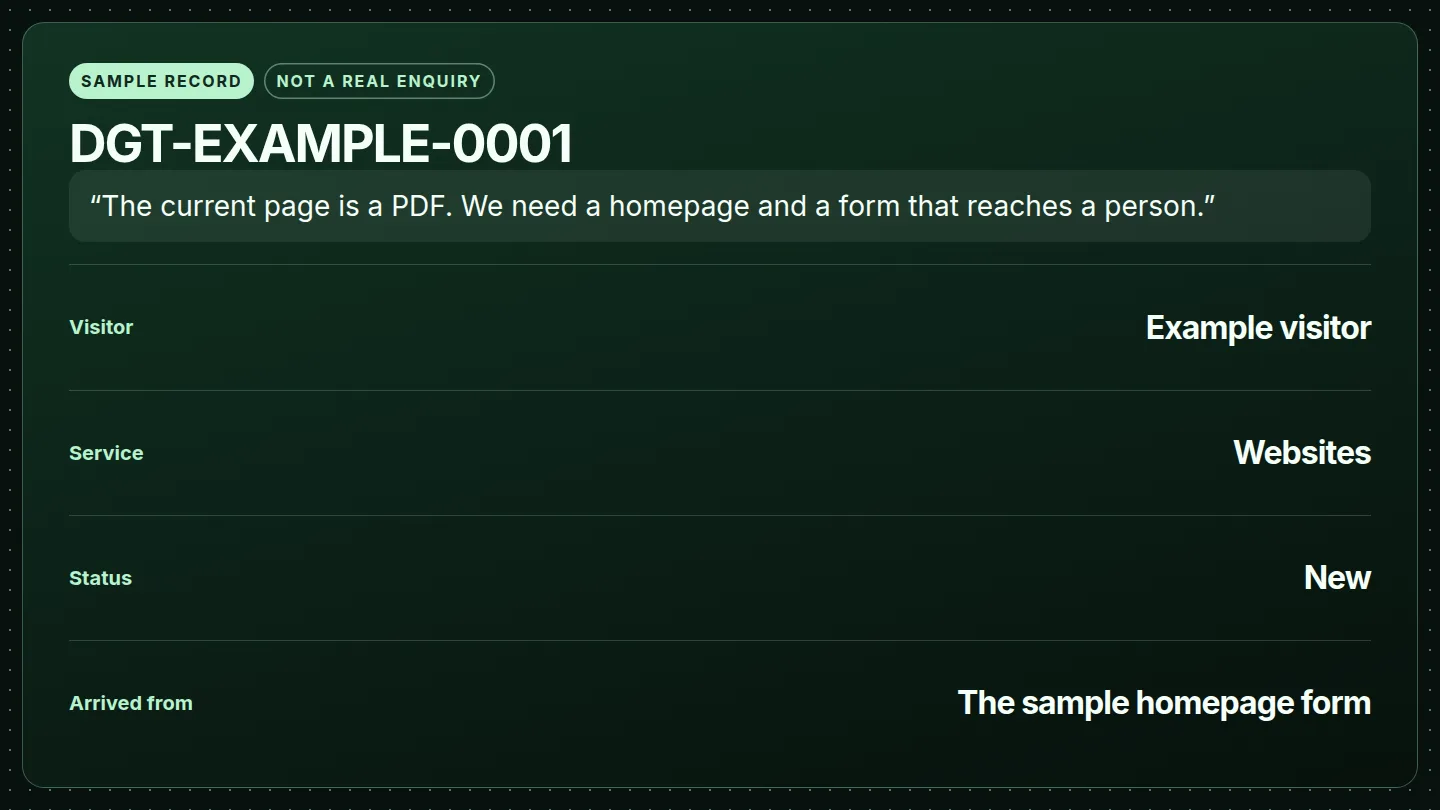 Sample record DGT-EXAMPLE-0001. Not a real enquiry.